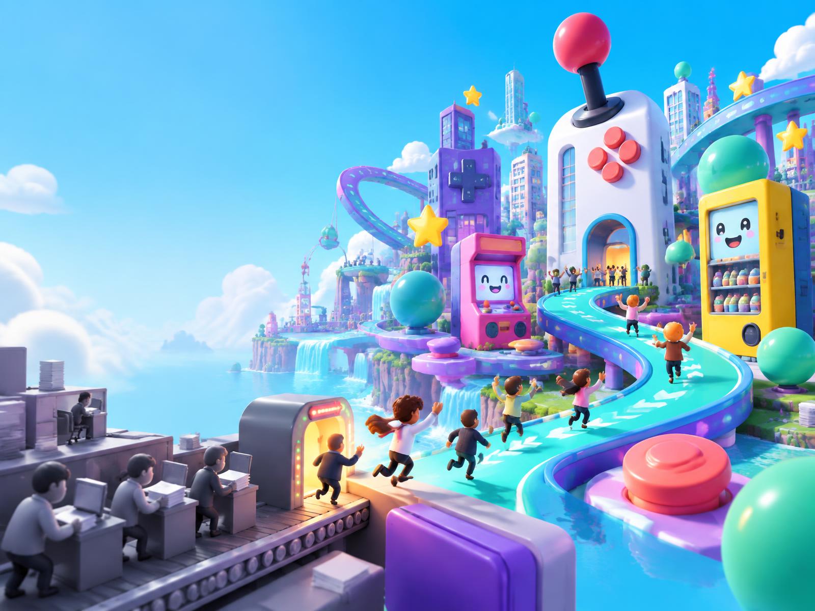 A bright cartoon arcade world where office workers escape a grey conveyor belt into a playful city of giant controls and colorful racetracks